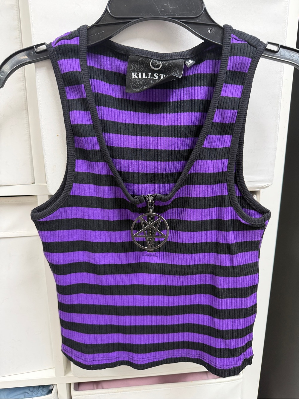 KILLSTAR Black & Purple Striped Ribbed Tank with Pentagram Charm